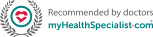 Recommended by doctors, myHealthSpecialist.com logo with a heart symbol and laurel wreath design.